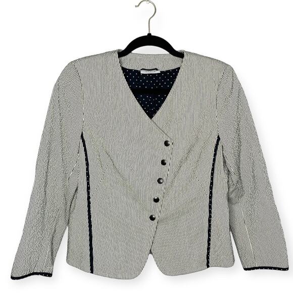 Akris punto casual gray striped blazer jacket asymmetrical buttons women’s sz 8 - Picture 1 of 6